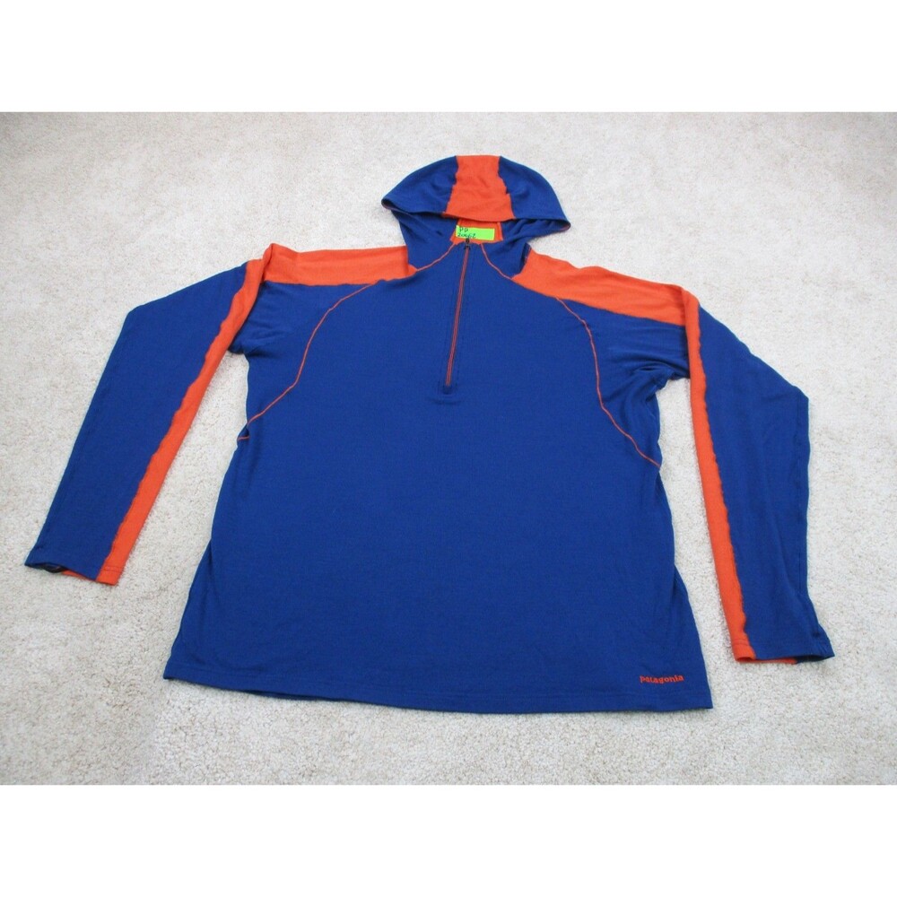 Patagonia Hoodie Mens Medium Blue Orange Lightweight 1/4 Zip Pullover Running